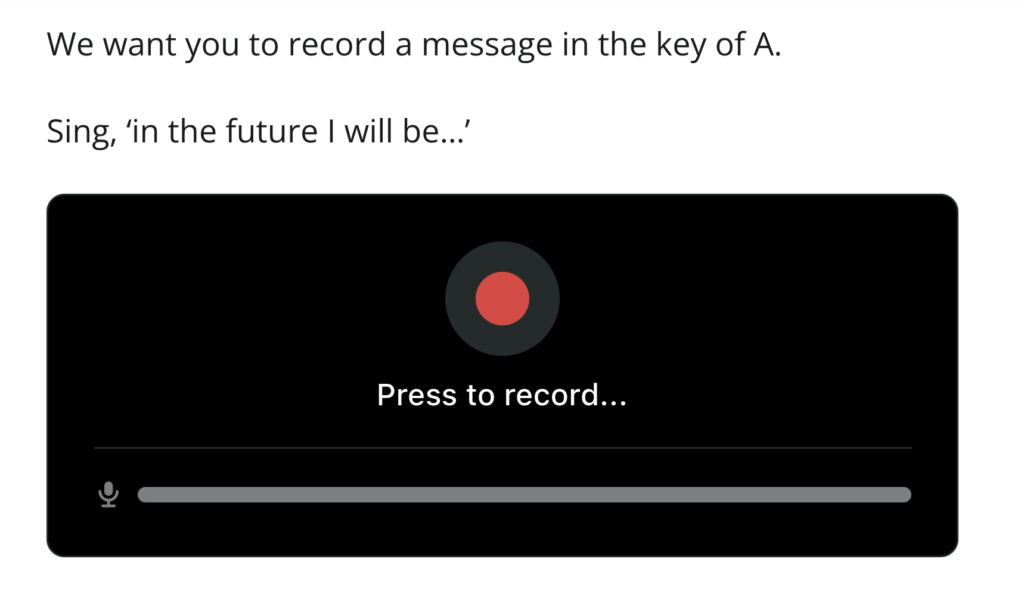 A big record button  (red circle) with the text 'press to record' under it 