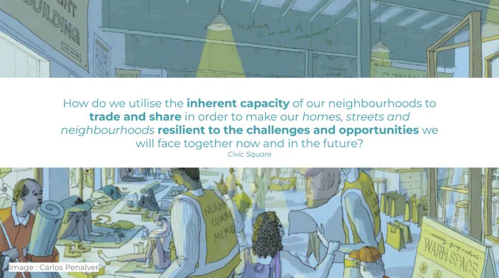 Images shows illustration of a community working together and a quote asking how do we use the inherent capacity of our neighbourhoods to trade and share in order to make our homes, streets and neighbourhoods resilient to the challenges and opportunities we will face together now and in the future 