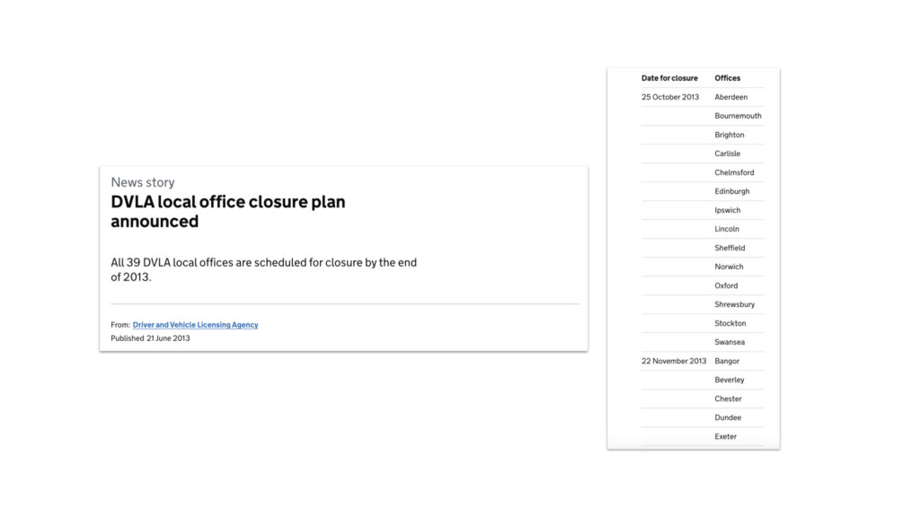 Slide shows a list of DVLA offices planed for closure in 2013 in a webpage format