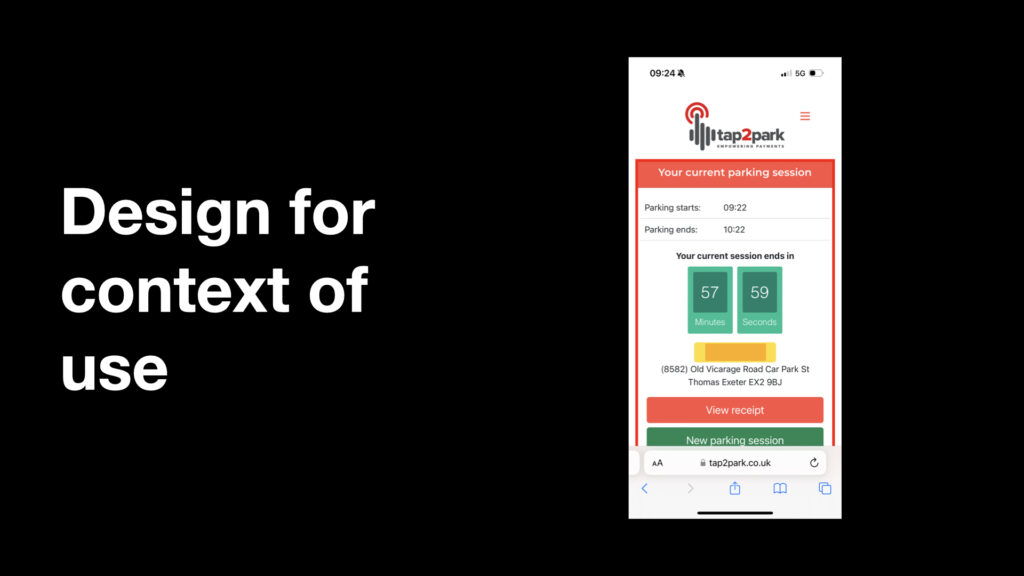 Text says design for context of use. A mobile screenshot shows tap2park app