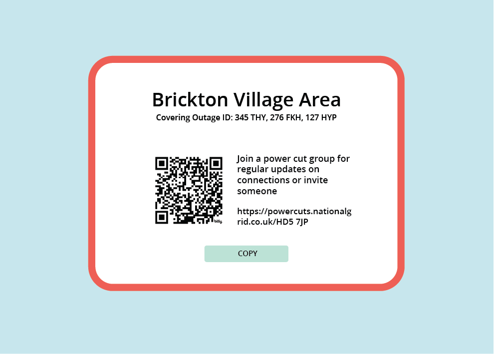 A mock up showing a village area having an invite to a community update group on power outages 